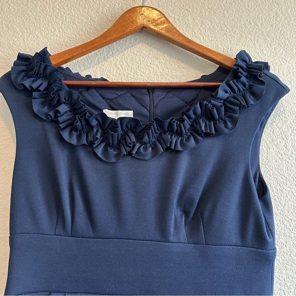London Times Navy Blue Sleeveless Dress with Ruffle Detail. Size 10. - Picture 2 of 6